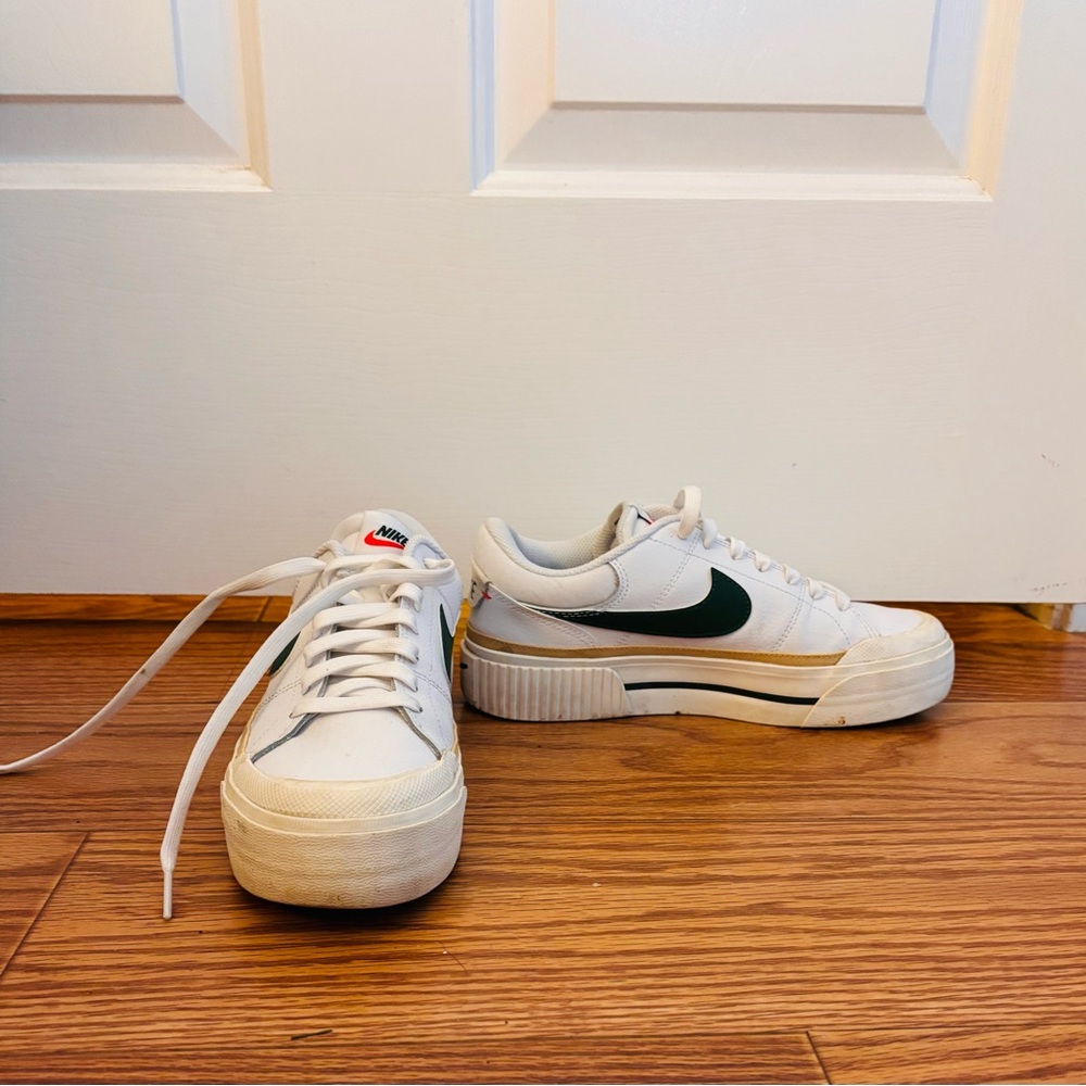 Nike White Sneakers with HUNTER GREEN Swoosh and Gold Accent